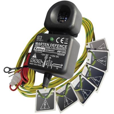 Elektronické zariadenie na plašenie kún s káblami a výstražnými symbolmi. Využíva vysoké napätie a ultrazvuk na odpudenie.