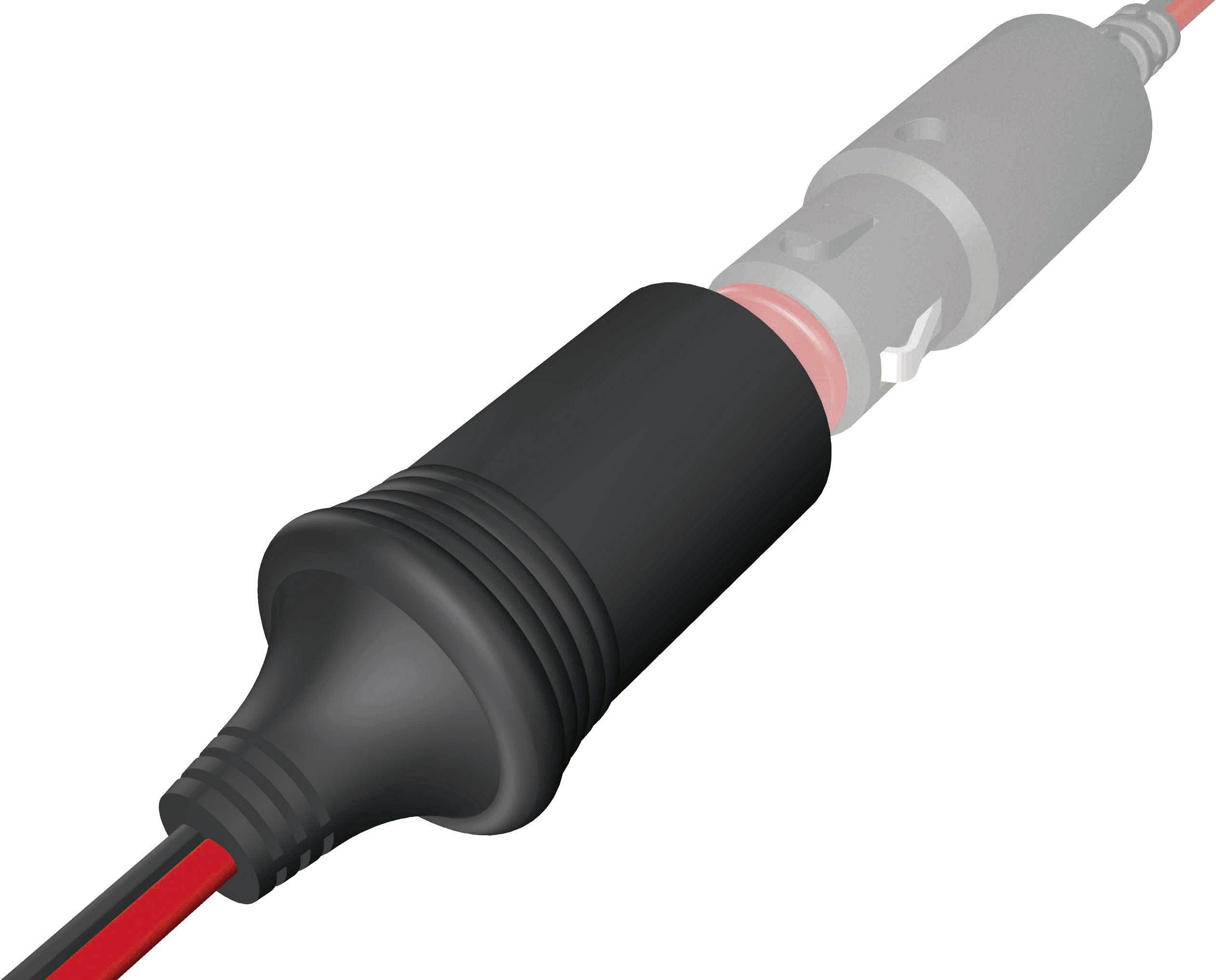 Čierny, valcovitý elektrický konektor s káblami, zobrazený pred transparentným pozadím.
