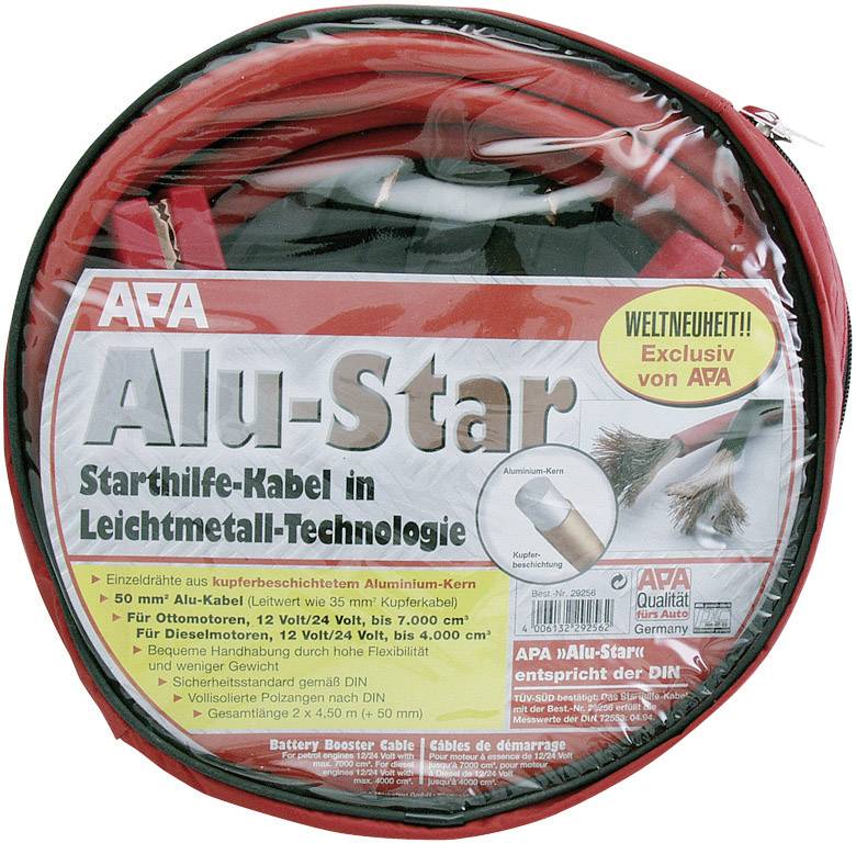 Červený štartovací kábel 'Alu-Star' – technológia ľahkého kovu, vhodný pre 12/24 V, až do 7.000 cm³. Balený v okrúhlom, priehľadnom obale.