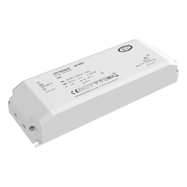 Obdĺžnikový LED driver v bielom kryte s označením CE. Vhodný pre 48 VDC a 30-60W. Firemné logo v pravom hornom rohu.