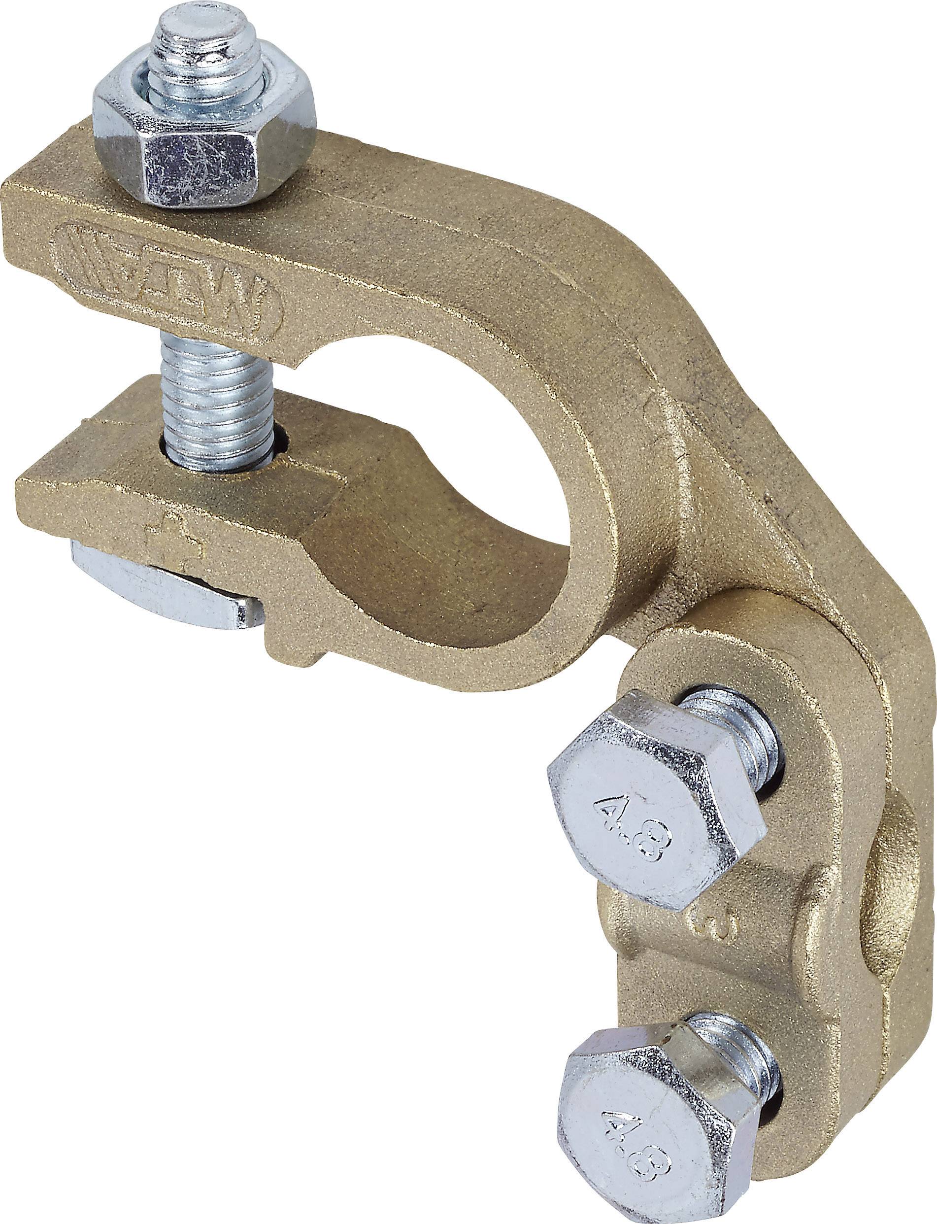 Mosadzná svorka s dvomi šesťhranými skrutkami, určená pre elektrické pripojenia alebo uzemnenie, s bočne otvorenou štruktúrou pre jednoduchý prístup.