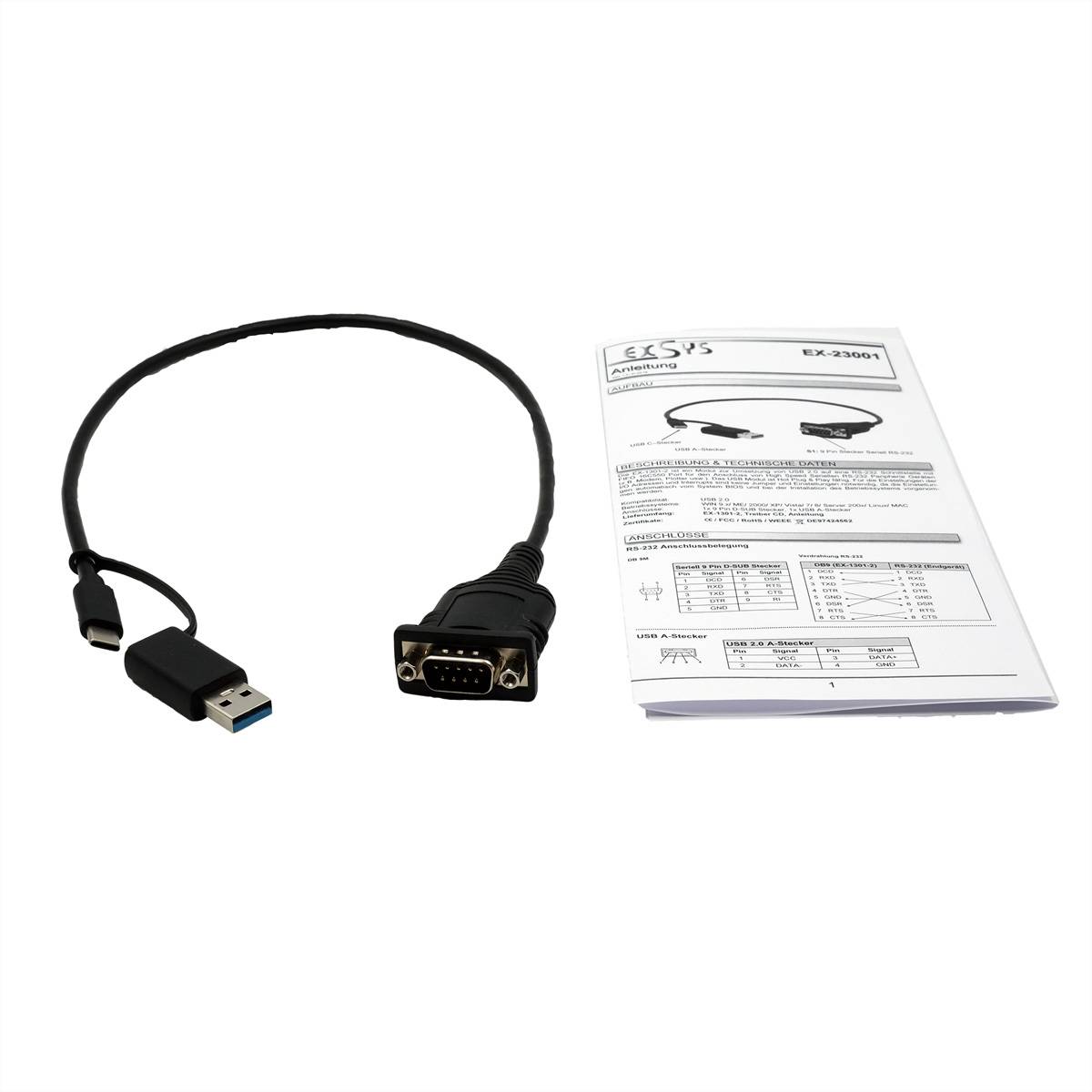 Exsys počítač kábel EXSYS EX-23001, Schwarz, 0,5 m, USB Type-A/USB Type-C, DB-9, Männlich, Männlich-2