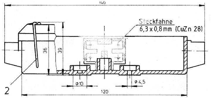 Technický výkres zástrčnej vlajky s rozmermi 6,3 x 0,8 mm, materiál CuZn 28. Zobrazuje bočný pohľad s popiskami a rozmermi.
