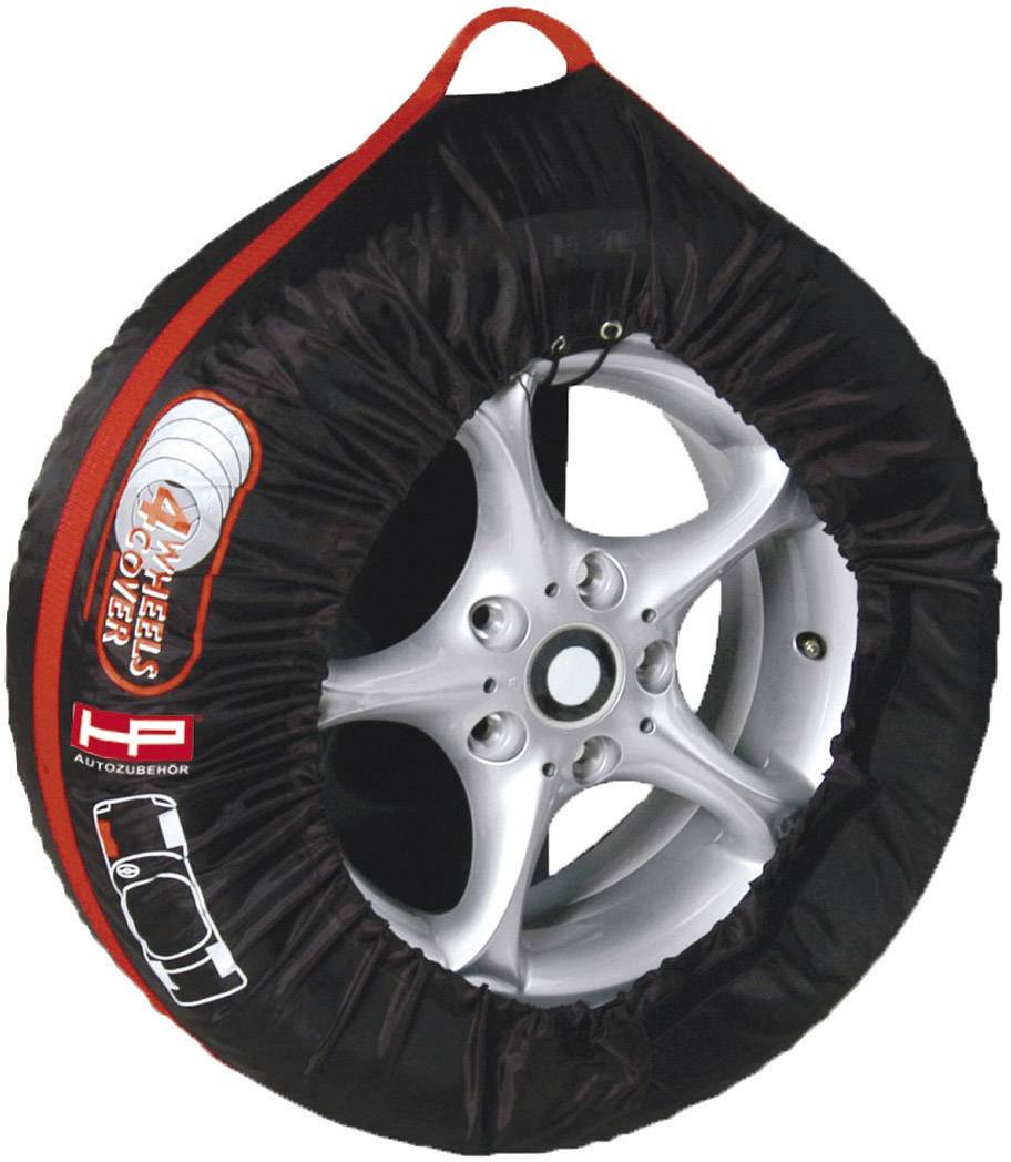 Pneumatika s čiernym krytom kolesa, ktorý nesie červený pruh a logo '4 Wheels Cover'.