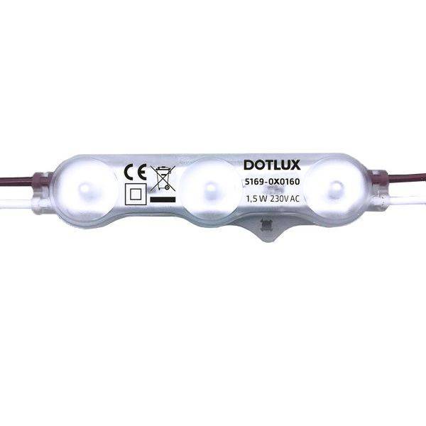 LED modul od spoločnosti DOTLUX, modelové číslo 5169-0X0160, výkon 1,5W, napätie 230V AC, s CE označením.