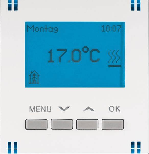 Termostatový displej zobrazuje 'Pondelok' 10:07, teplota 17,0°C a symbol kúrenia. Nižšie sú tlačidlá menu a ovládania.