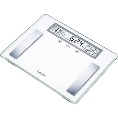 Váha s digitálnym displejom ukazuje '62,4 kg'. Dva strieborné senzorové prúžky na analýzu tela. Značka 'beurer'.