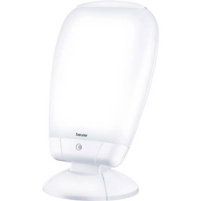 Biela denná lampa s oválnym dizajnom a stojanom. Nesie logo 'beurer' a má centrálne umiestnené tlačidlo.