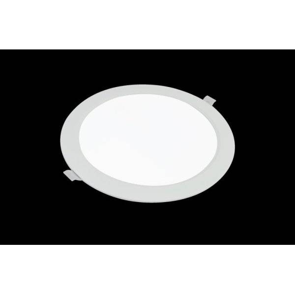 Okrúhle biele LED stropné svietidlo na čiernom pozadí.