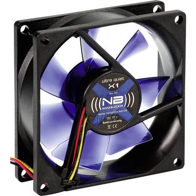 Čierny počítačový ventilátor so svetlomodrým rotátorom od značky 'Noiseblocker'. Označený ako 'ultra tichý'. Obsahuje káblové pripojenia.