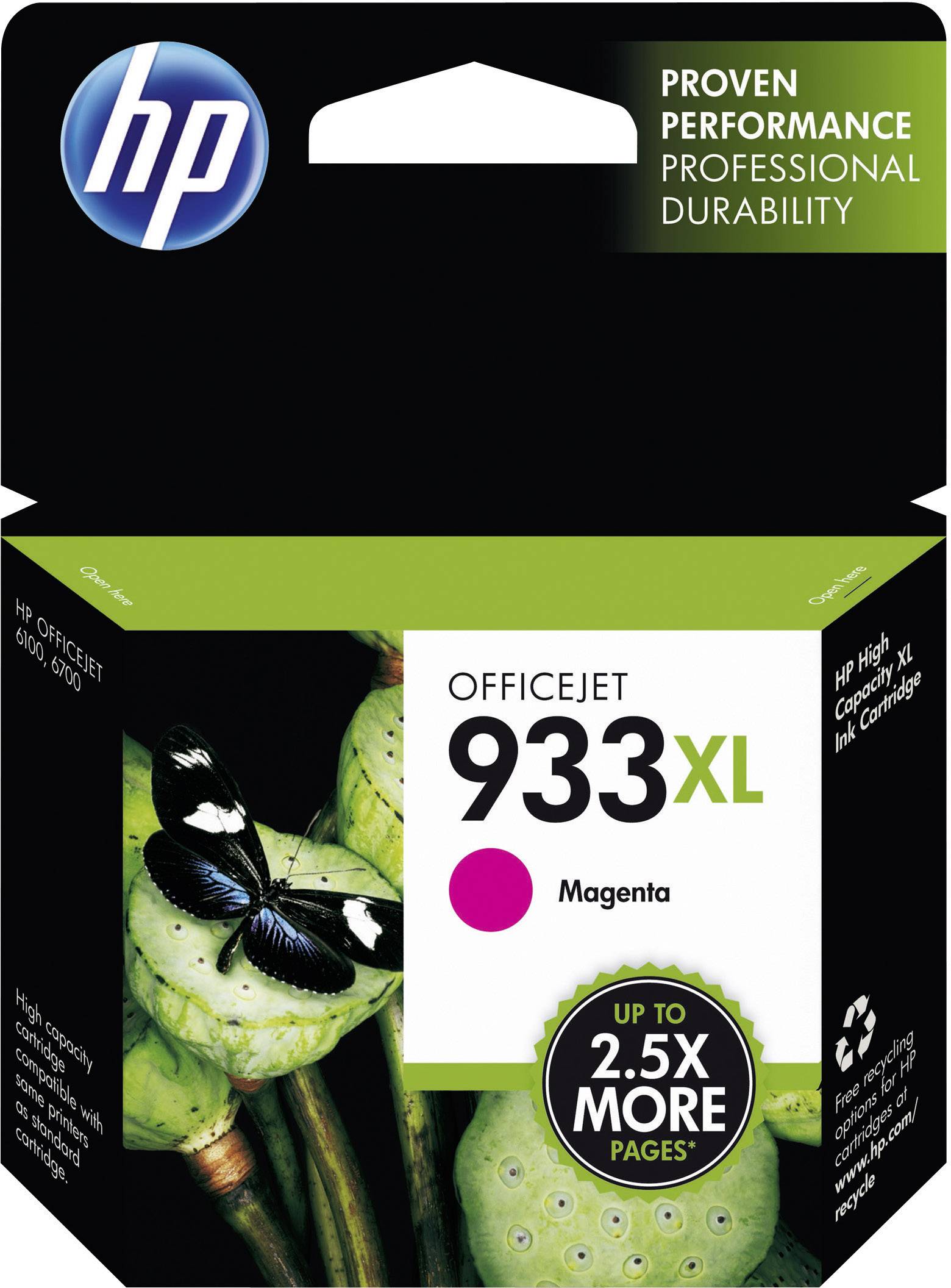 HP OfficeJet 933XL atramentová kazeta v magentovej farbe. Na obale je zobrazený motýľ a rastlinné motívy.