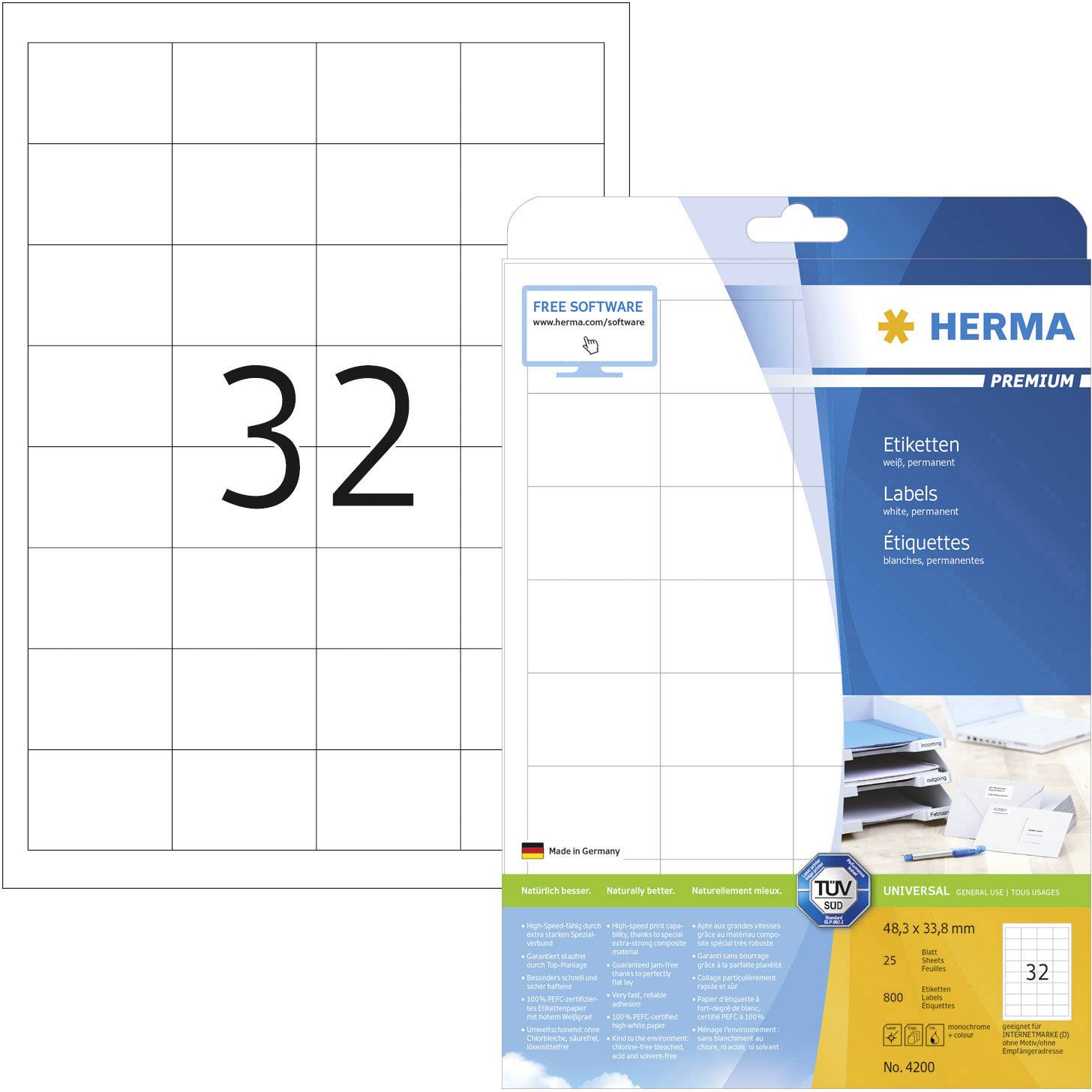 32 bielych etikiet na liste A4. Balenie zobrazuje 'HERMA Premium', s textom vo viacerých jazykoch. Odporúčané pre tlačiarne a kopírky.
