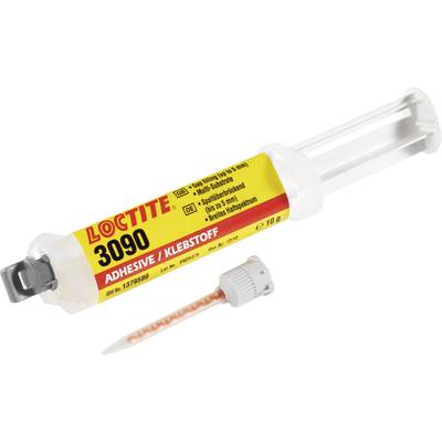 Striekačka s lepidlom 'LOCTITE 3090', so žlto-červeným nápisom, s odnímateľnou zmiešavacou dýzou, určená na presné lepenie.
