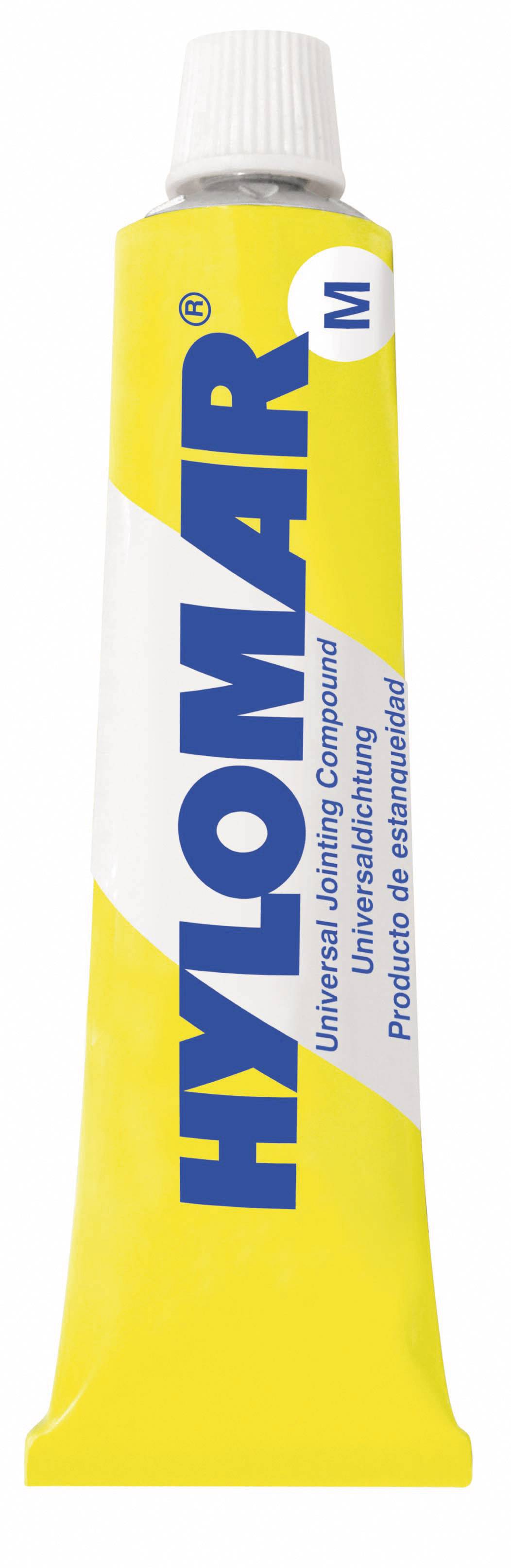 Žlté lepidlo Hylomar v tube, modré logo, vhodné pre všestranné tesnenia.