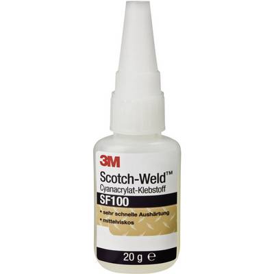 '3M Scotch-Weld Kyanoakrylátové lepidlo SF100', 20g fľaša. Označené ako 'veľmi rýchle vytvrdnutie' a 'stredne viskózne'.