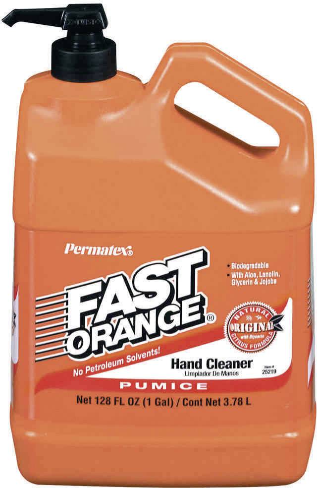 Veľká oranžová fľaša 'FAST ORANGE' čistič na ruky, 1 galón. Obsahuje pemzu. Biologicky rozložiteľný s aloe vera a lanolínom.