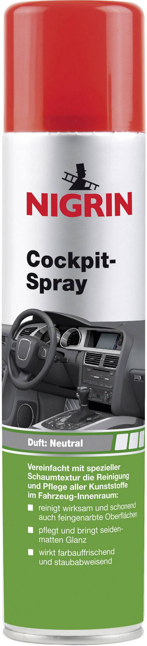 Červený sprej s nápisom 'Nigrin Cockpit-Spray'. Obrázok interiéru automobilu. Text popisuje použitie na ošetrenie plastových povrchov.