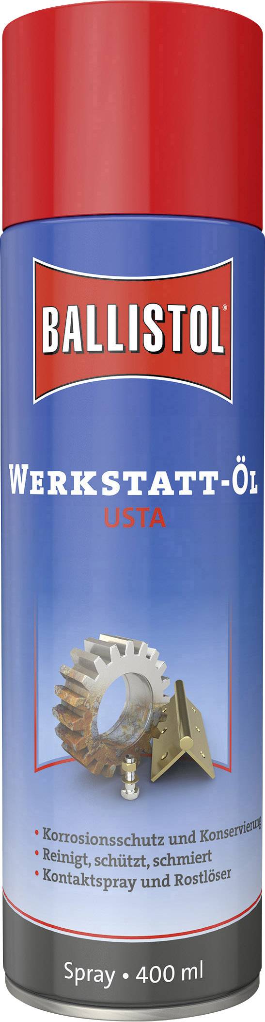 Sprej 'Ballistol Dielenskej oleje' s červeným uzáverom, 400 ml. Text na dóze: 'Ochrana proti korózii a konzervuje, čistí, chráni, mazá, kontaktný sprej a odstraňovač hrdze'.