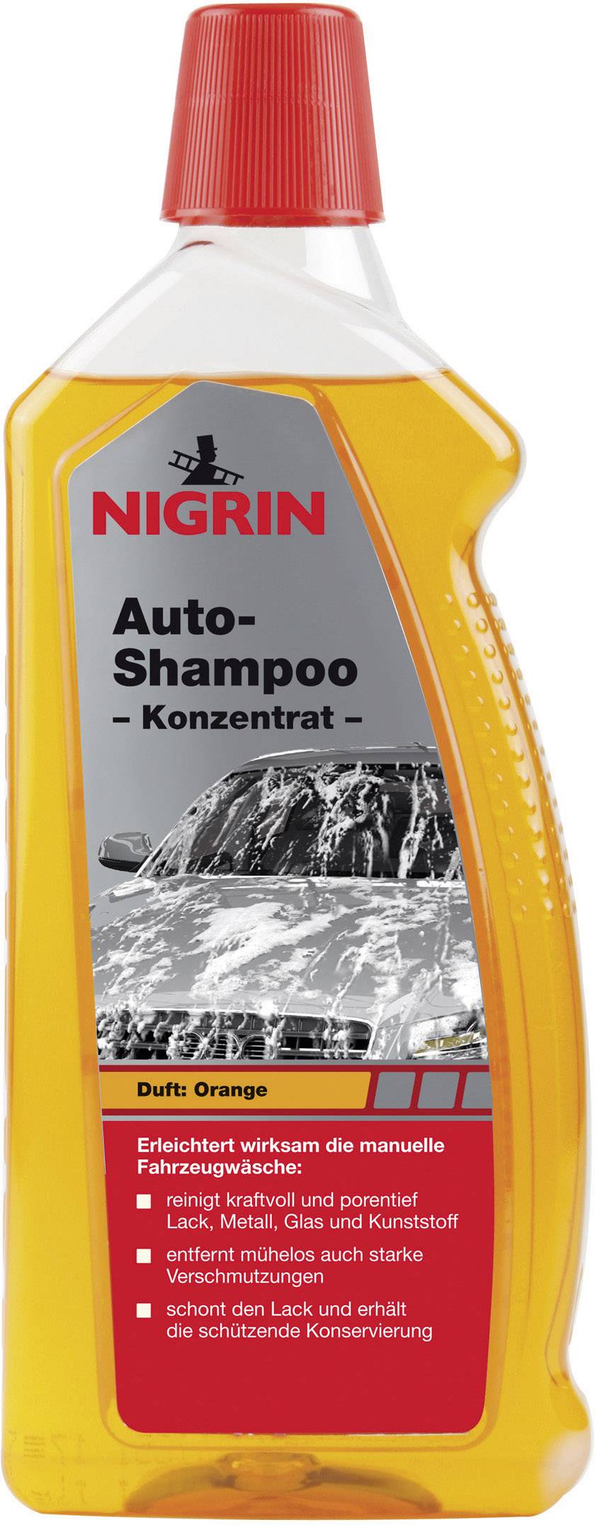 Pomarančový vonný autošampón koncentrát od Nigrinu, čistí rôzne povrchy, šetrí lak a zachováva ochrannú vrstvu vosku.