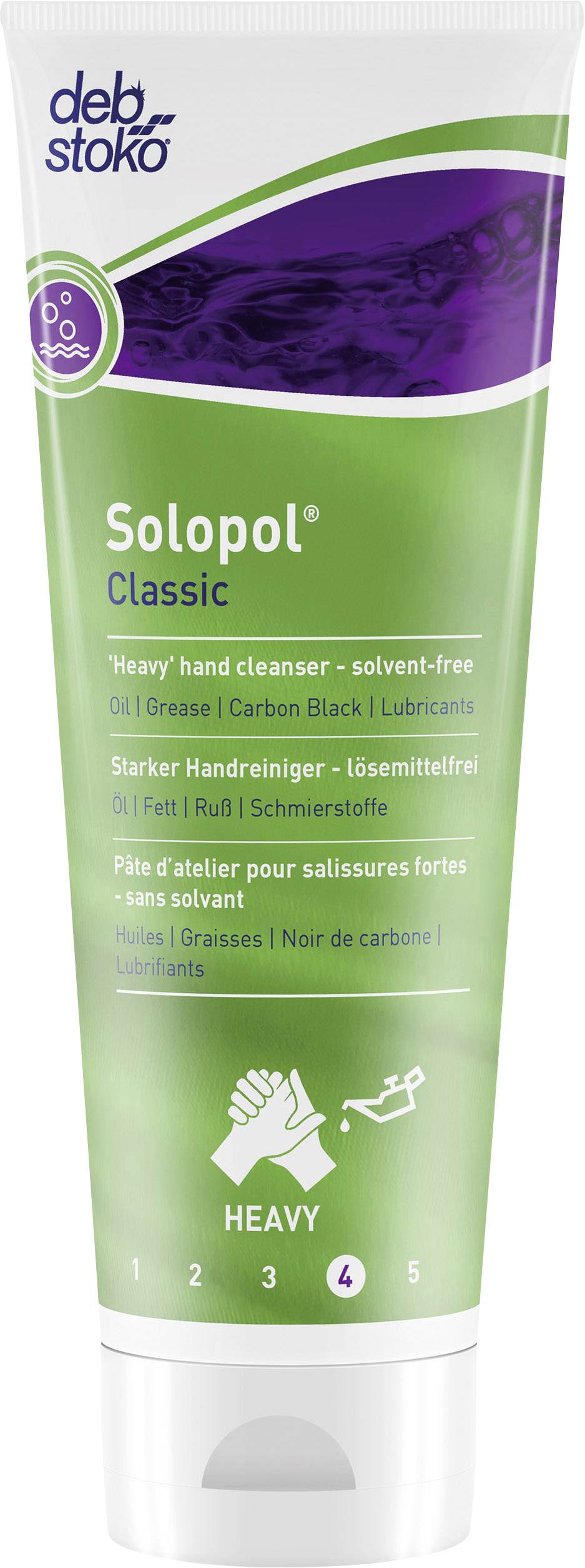 Zelená tuba s nápisom 'Solopol Classic', silný čistič rúk bez obsahu rozpúšťadiel na odstraňovanie oleja a nečistôt.