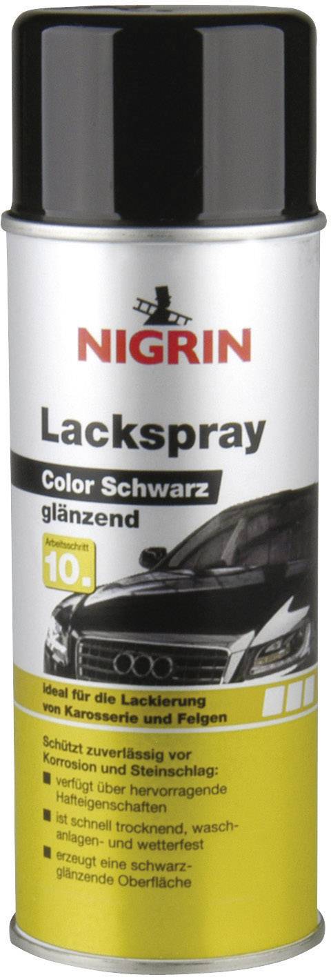 Sprej Nigrin Lakový sprej Color Čierna lesklá, ideálny na lakovanie karosérie a diskov, chráni pred koróziou.