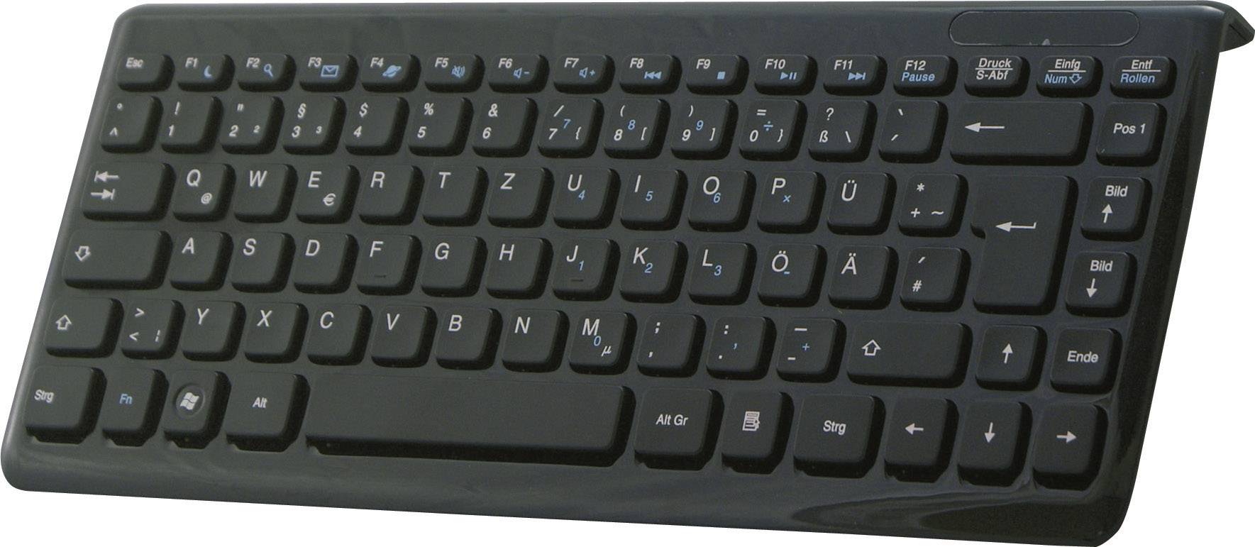 Čierna bezdrôtová klávesnica s rozložením QWERTZ v nemeckom formáte, vrátane funkčných klávesov a numerickej klávesnice.