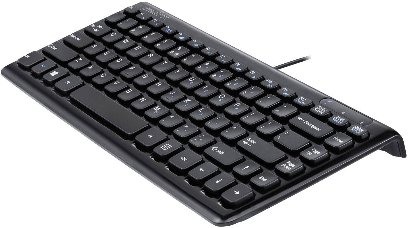 Čierna, kompaktná USB klávesnica so zvýraznenými modrými špeciálnymi klávesmi, vhodná pre ľahkú prepravu a mobilné použitie.