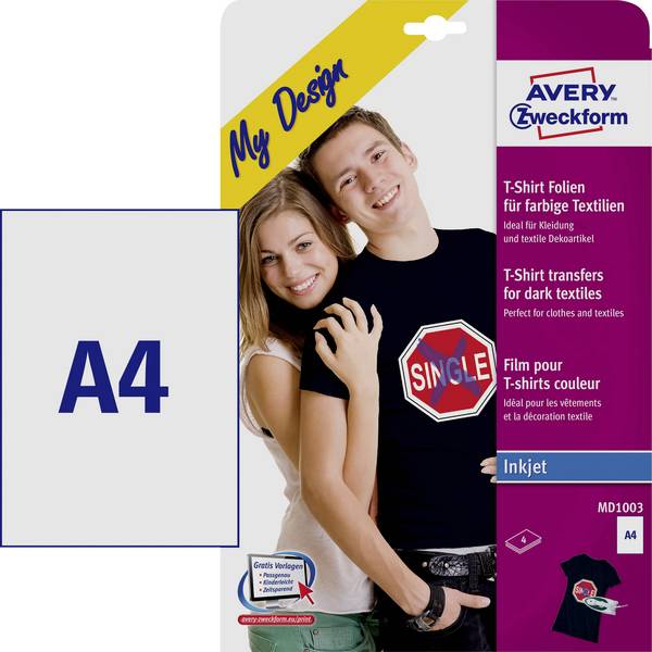 Avery-Zweckform My Design T-Shirt MD1003 atramentová fólia na textil A4 pre farebné textílie, optimalizovaný pre tlač atramentom 4 listov