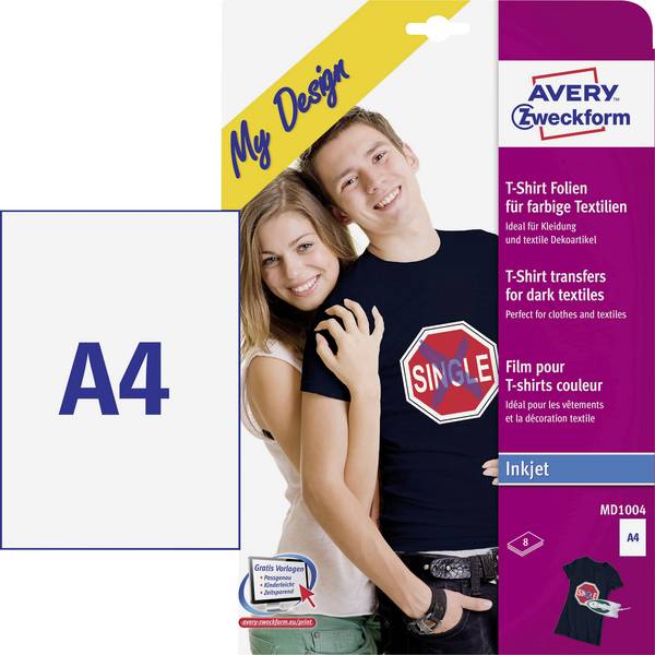 Avery-Zweckform My Design T-Shirt MD1004 atramentová fólia na textil A4 pre farebné textílie, optimalizovaný pre tlač atramentom 8 listov