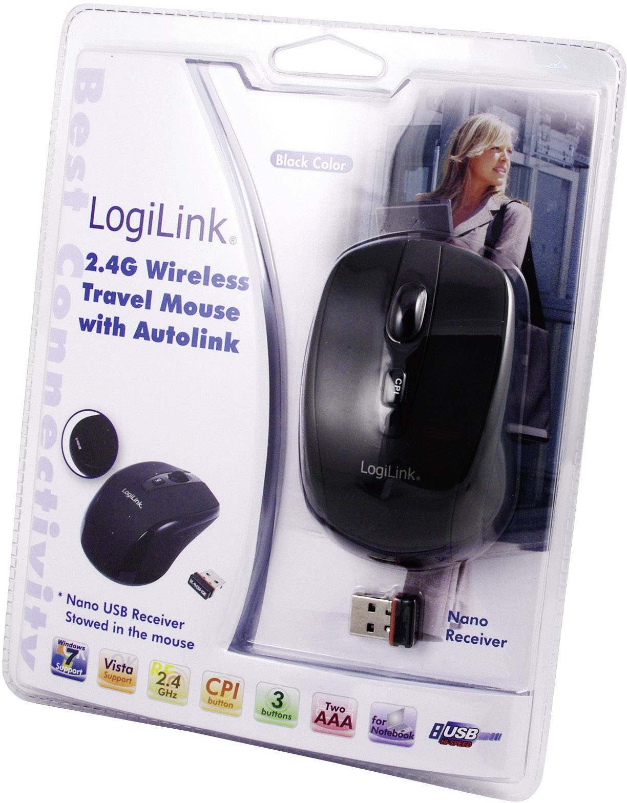 Balenie bezdrôtovej cestnej myši LogiLink s nano prijímačom, kompatibilnej s USB, nano USB prijímačom, 2,4 GHz pripojením.