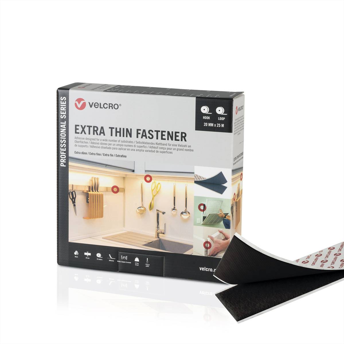 VELCRO  XThin je25m Hkn&Flschb 20mm Schwz VEL-PS20016 Klittenband (l x b) 25 m x 20 mm Zwart 1 stuk(s)