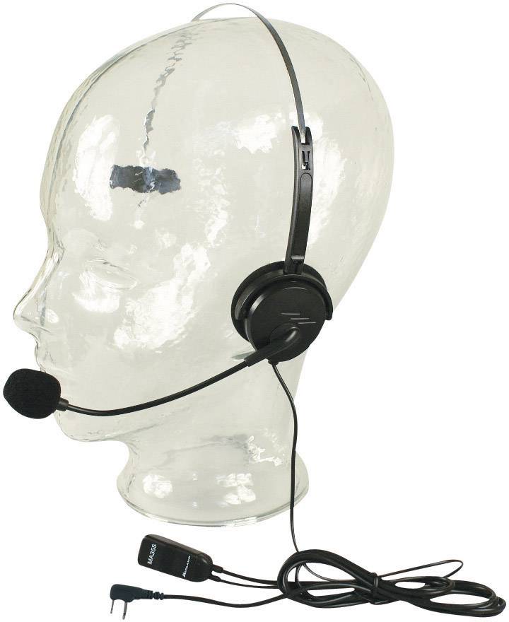 Priehľadný plastový model má nasadené čierne headset s mikrofónom. Headset je pripojený káblom.