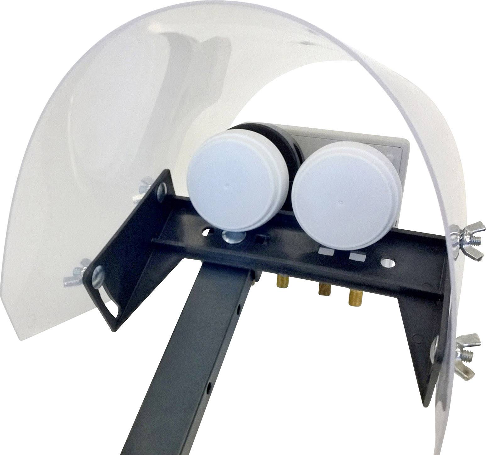 Dva LNB (Low-Noise Block konvertory) s držiakom pre satelitné taniere, namontované na kovovom ramene pod priehľadným krytom.