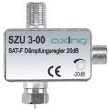 Obrázok útlmového regulátora SAT-F, model SZU 3-00 od značky Axing, s hodnotou útlmu 20 dB. Značka CE je viditeľná.