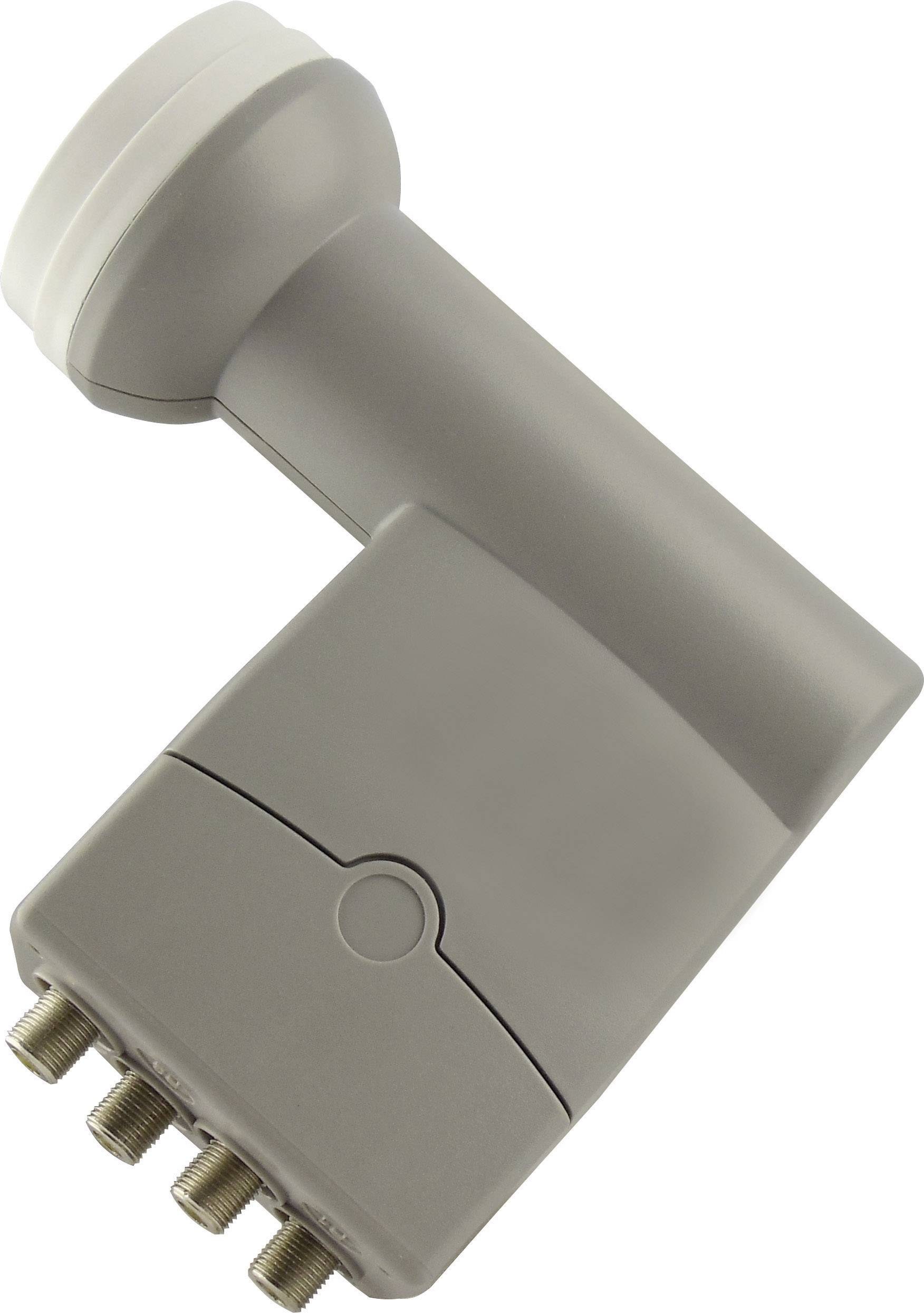 Sivý LNB (Low-Noise Block) so štyrmi prípojkami slúži na zosilnenie signálu pre satelitné televízne vysielanie.
