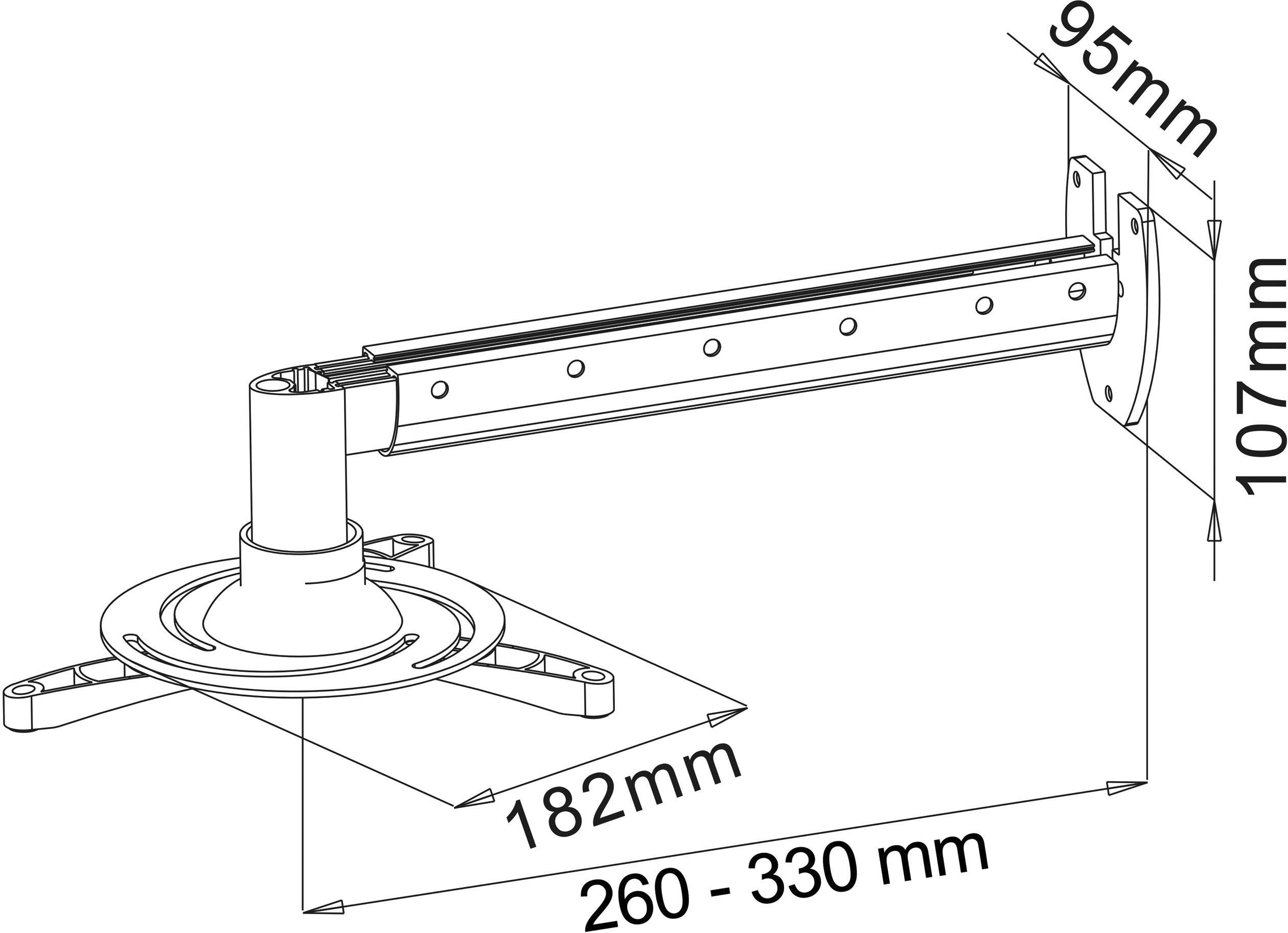 'Konštrukčný výkres držiaka na stenu. Rozmery: dĺžka 260-330 mm, výška 107 mm, šírka 95 mm. Rameno dlhé 182 mm.'