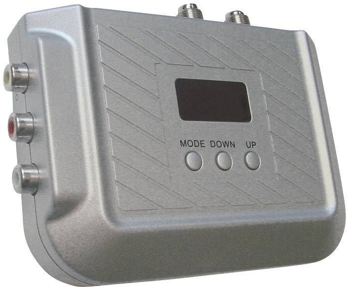 Strieborné elektronické zariadenie s tromi tlačidlami 'Mode', 'Down', 'Up' a displejom. Po stranách má konektory.