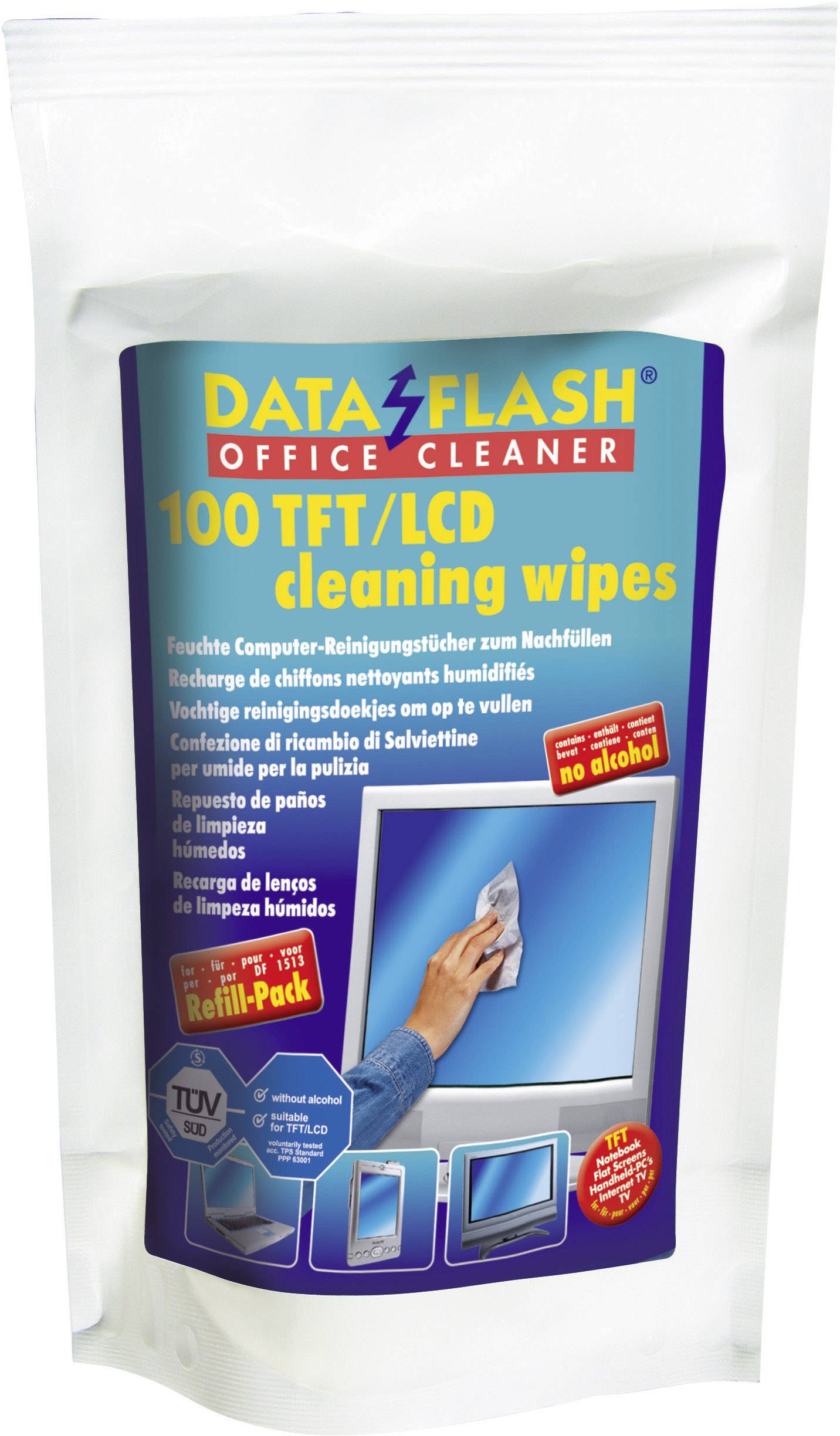 Čistiace obrúsky DATAFLASH OFFICE CLEANER, 100 ks na čistenie TFT/LCD displejov, bez alkoholu, certifikované TÜV, náhradná náplň.