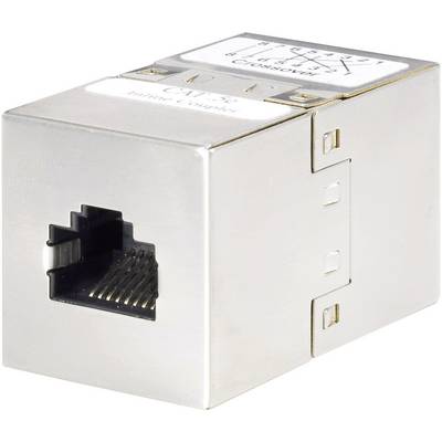 CAT 7A inline spojka s kovovým krytom a RJ45 konektormi, určená na prepojenie a predĺženie sieťových káblov.