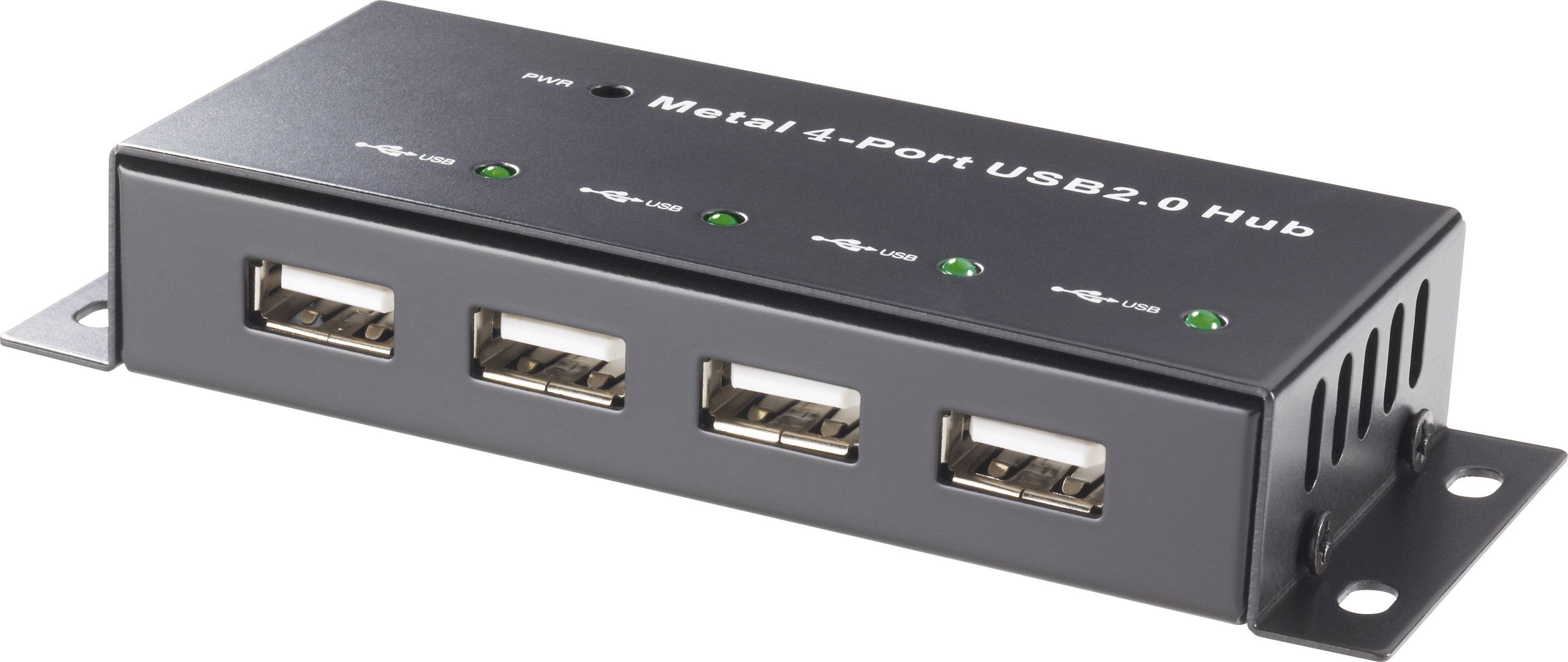 Kovový 4-portový USB 2.0 rozbočovač so štyrmi USB portmi na prednej strane a LED indikátormi na vrchu pre každý port.