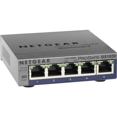Sieťový prepínač Netgear ProSafe GS105E s 5 ethernetovými portami, LED indikátormi pre zobrazenie stavu pripojenia a kompaktným dizajnom.