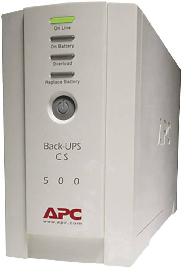 APC Back-UPS CS 500 zobrazuje systém neprerušovaného napájania so stavovými kontrolkami pre Online, Batériu, Preťaženie a Výmenu batérie.