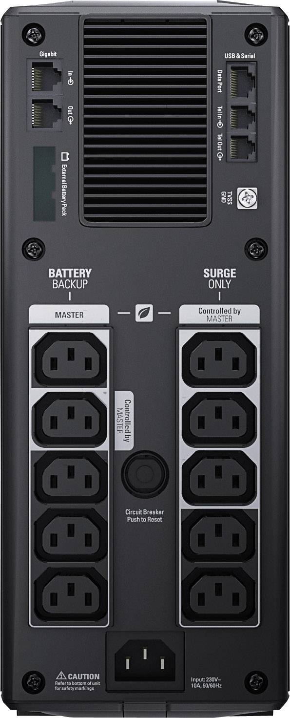 Zadný pohľad na záložný zdroj napájania (UPS) s elektrickými prípojkami, sieťovými a USB portmi, ako aj indikátorom stavu batérie.