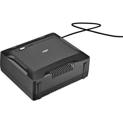 Čierne elektrické zariadenie s káblom, pravdepodobne jednotka záložného napájania alebo neprerušiteľný zdroj napájania (UPS), na svetlom pozadí.