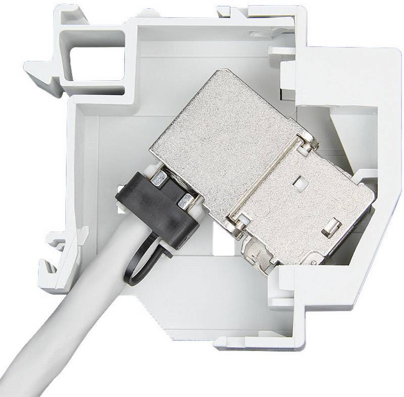 Biele plastové puzdro s modulom RJ45 zásuvky a pripojeným ethernetovým káblom, používané pre sieťové pripojenia.