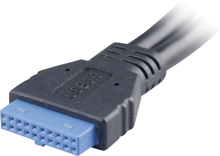 USB 3.0 konektor s modrou zásuvkou a čiernou rukoväťou. Spája zariadenia pre prenos dát a napájanie.