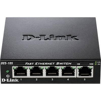 Čierny D-Link Fast Ethernet switch, model DES-105, s piatimi ethernetovými portami na prednej strane.