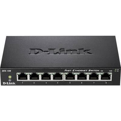 Čierny D-Link Fast Ethernet switch s ôsmimi ethernetovými portami a LED stavovými indikátormi pre napájanie a pripojenie.