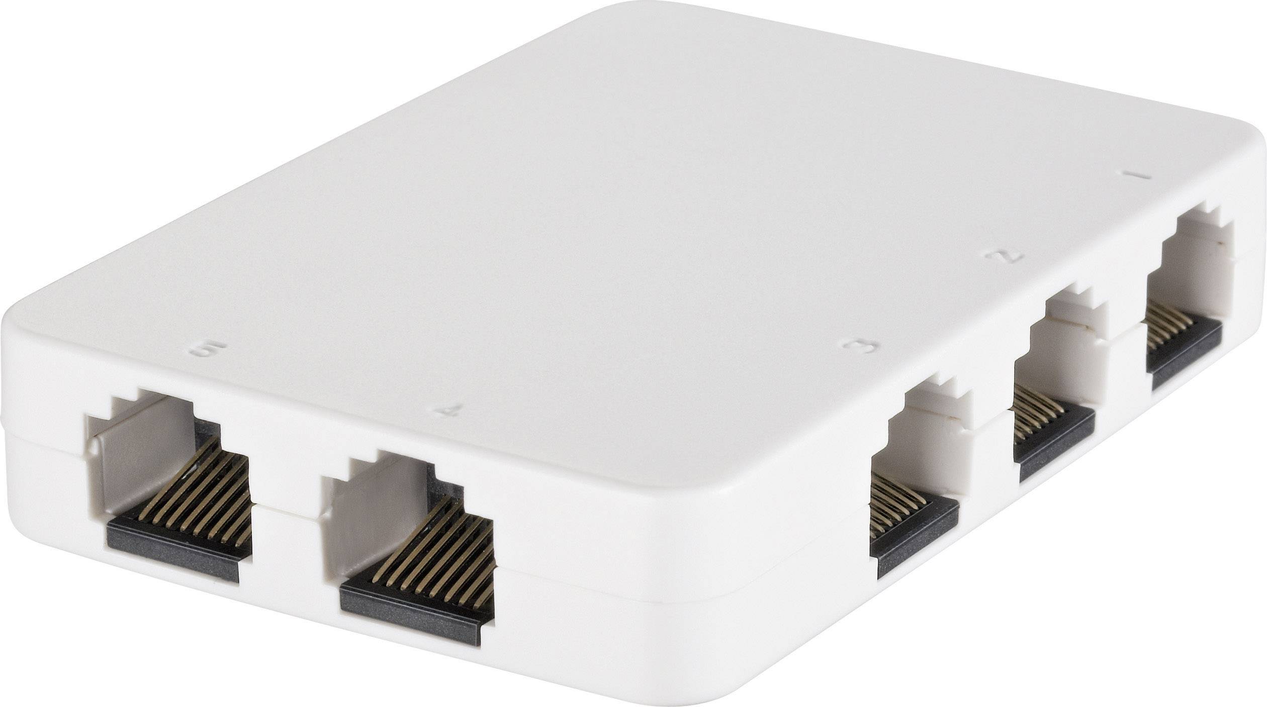 Biely ethernetový rozdeľovač so štyrmi portami, číslovanými od 1 do 4, slúžiaci na sieťové pripojenie.