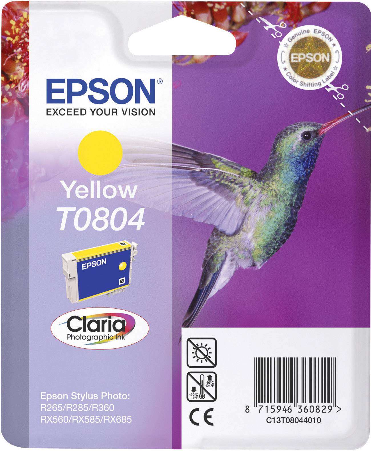 Žltá atramentová kazeta značky Epson T0804, zobrazená s kolibríkom. Kompatibilná s tlačiarňovými modelmi Epson Stylus Photo.